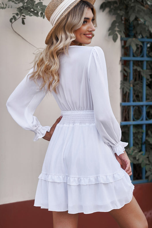 Tied Plunge Smocked Waist Flounce Sleeve Dress  Dresses- Doll Fits