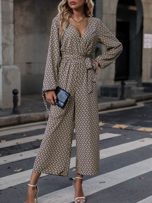 Printed Surplice Neck Tie Waist Wide Leg Jumpsuit  - Doll Fits