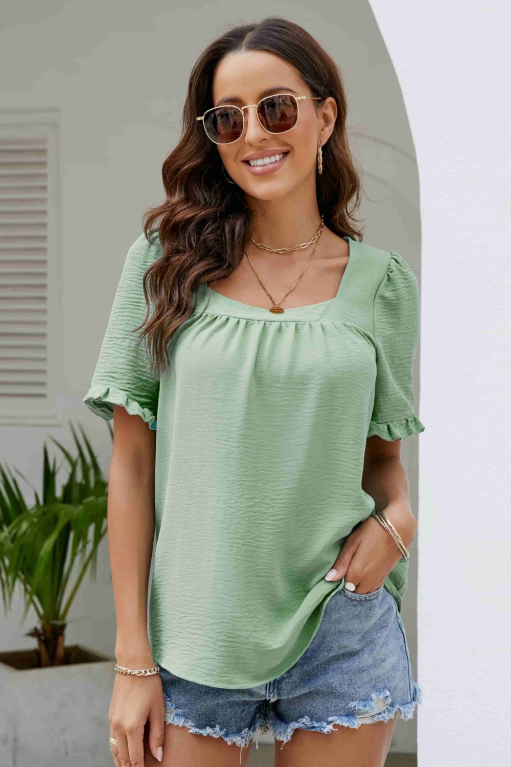Frill Trim Puff Sleeve Square Neck Blouse  Shirts & Tops- Doll Fits