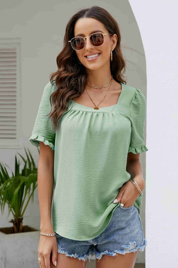 Frill Trim Puff Sleeve Square Neck Blouse  Shirts & Tops- Doll Fits