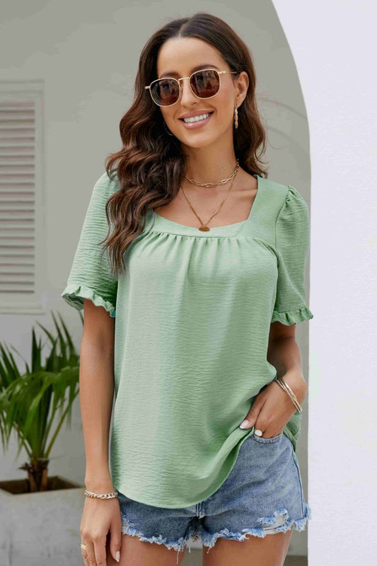 Frill Trim Puff Sleeve Square Neck Blouse  Shirts & Tops- Doll Fits