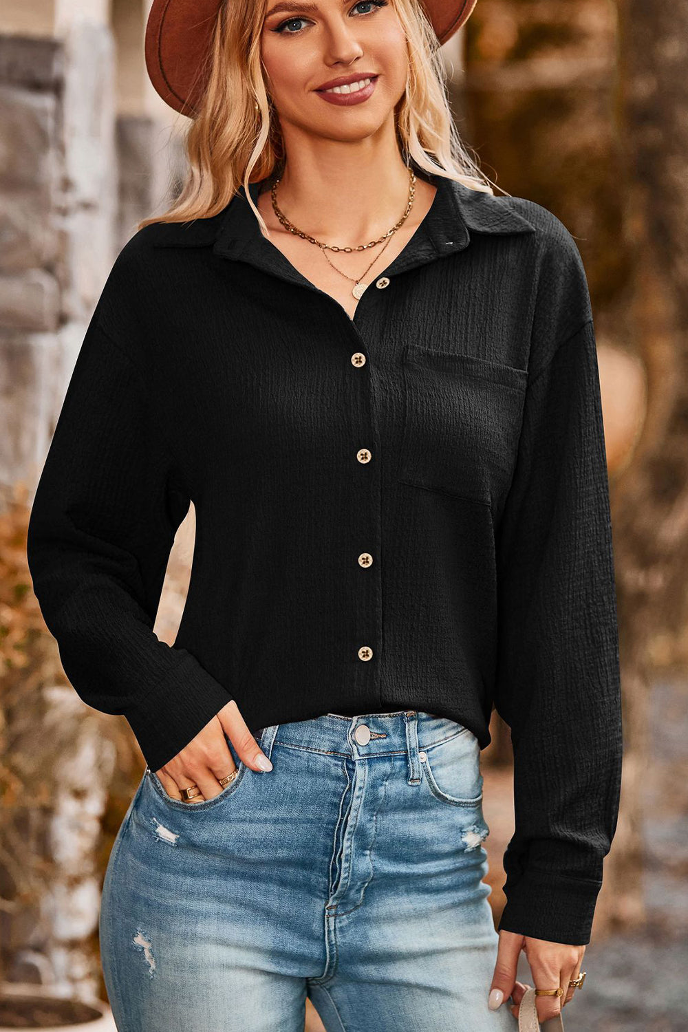 Twisted Collared Neck Long Sleeve Shirt  - Doll Fits