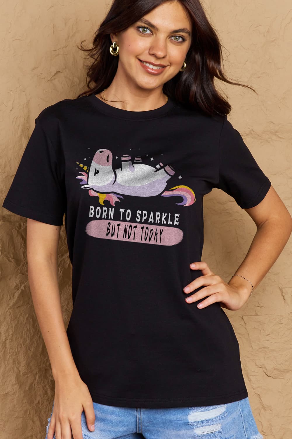 Simply Love Full Size BORN TO SPARKLE BUT NOT TODAY Graphic Cotton Tee  - Doll Fits