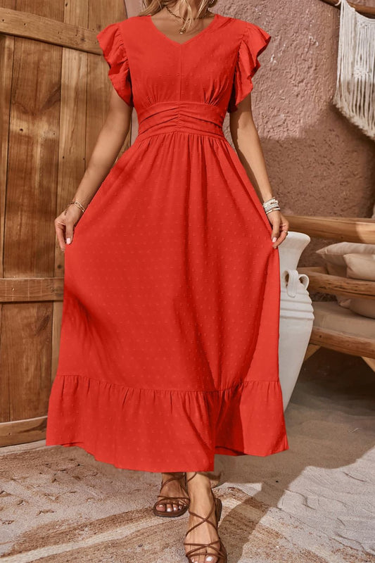 Swiss Dot V-Neck Flutter Sleeve Dress  Dresses- Doll Fits