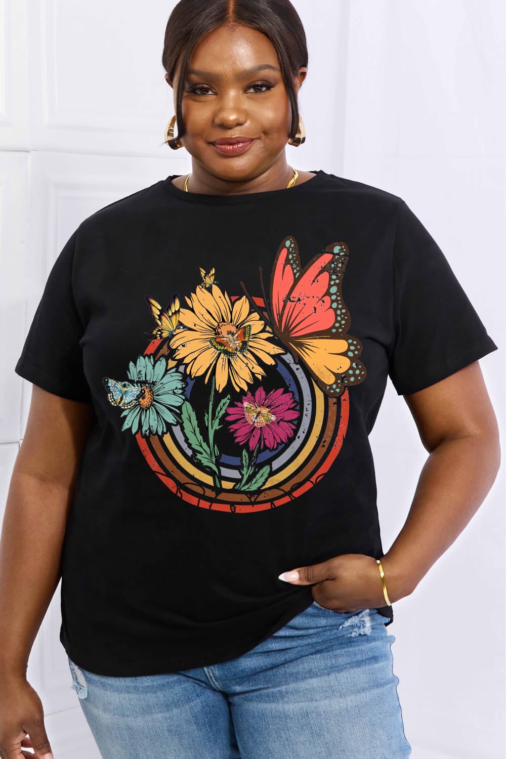 Simply Love Full Size Flower & Butterfly Graphic Cotton Tee  Shirts & Tops- Doll Fits