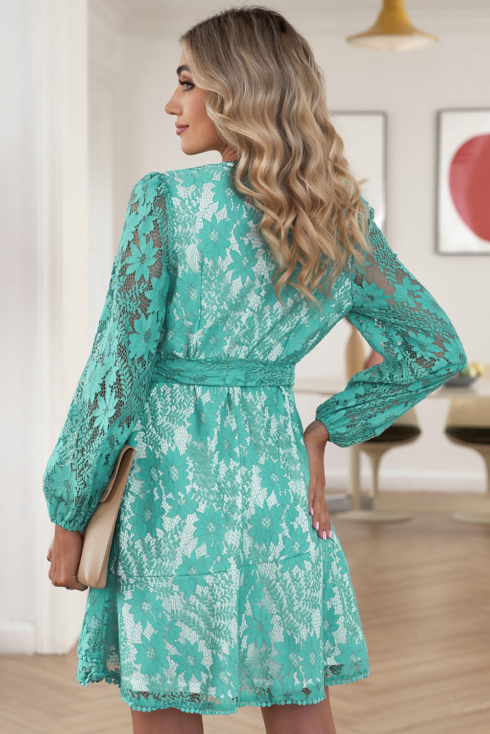 Pompom Trim Puff Sleeve Belted Lace Dress  Dresses- Doll Fits