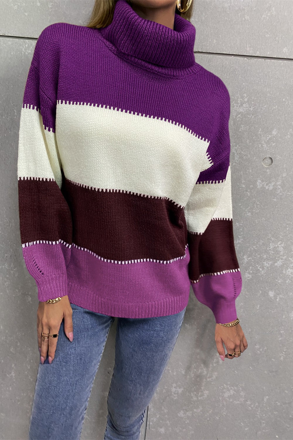 Color Block Lantern Sleeve Turtleneck Sweater  Shirts & Tops- Doll Fits