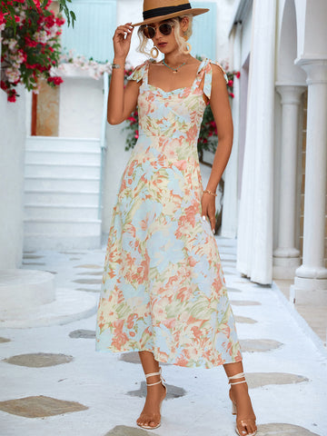 Floral Tie-Shoulder Sweetheart Neck Dress  Dresses- Doll Fits