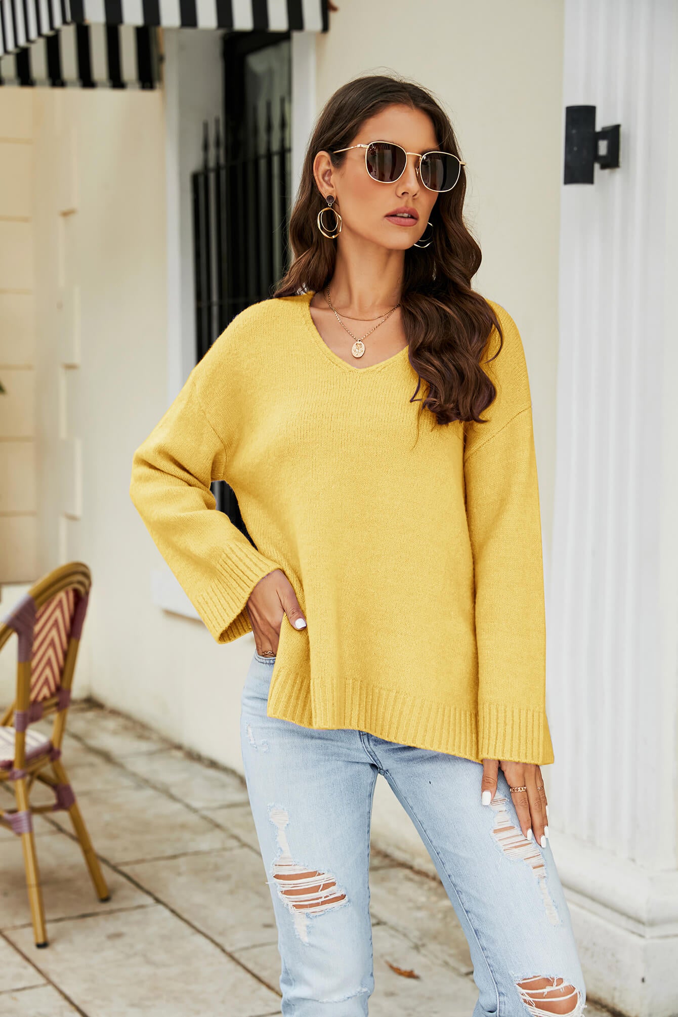 Drop Shoulder V-Neck Knit Pullover  Shirts & Tops- Doll Fits