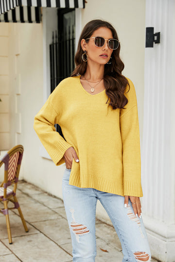 Drop Shoulder V-Neck Knit Pullover  Shirts & Tops- Doll Fits