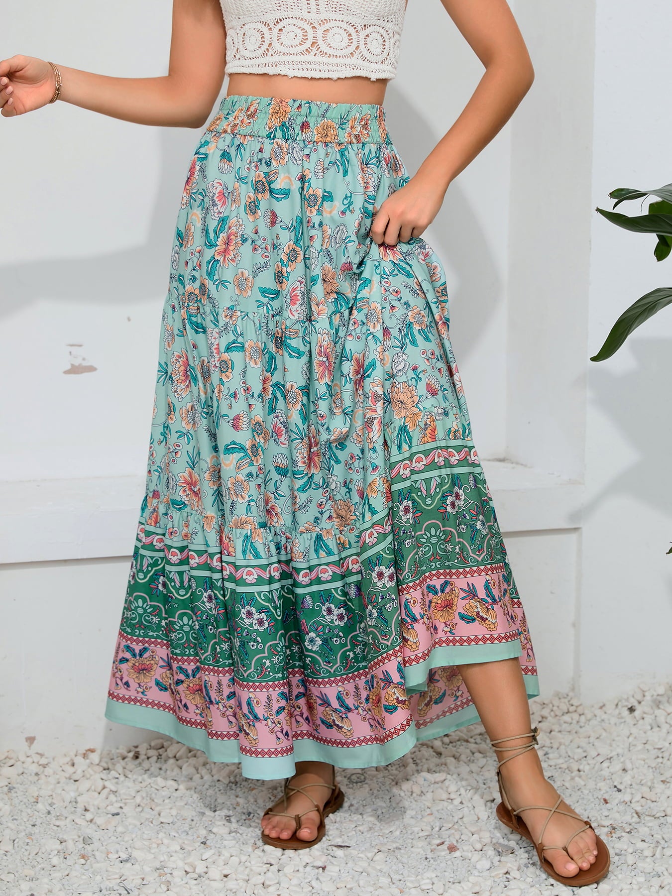 Bohemian Print Smocked Waist Maxi Skirt  Skirts- Doll Fits