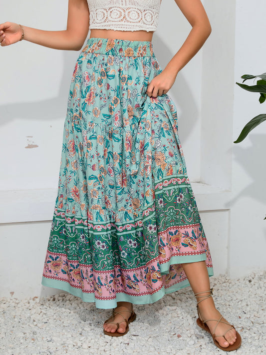 Bohemian Print Smocked Waist Maxi Skirt  Skirts- Doll Fits