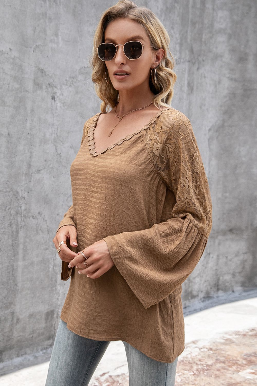 V-Neck Spliced Lace Flare Sleeve Top  Shirts & Tops- Doll Fits