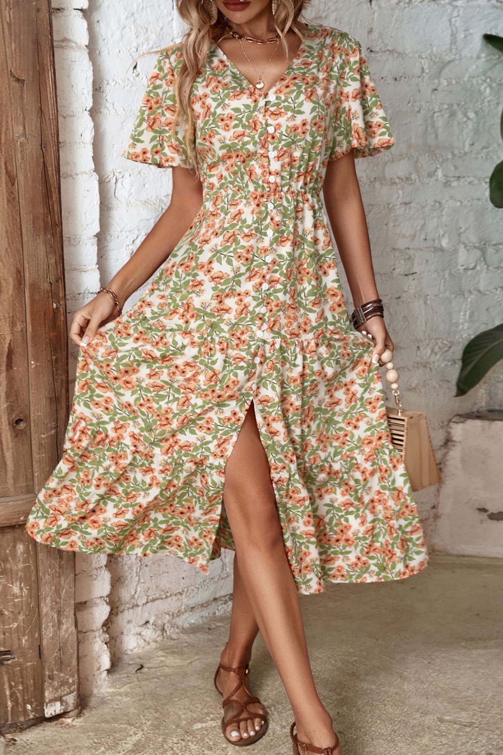 Floral V-Neck Front Slit Dress  Dresses- Doll Fits