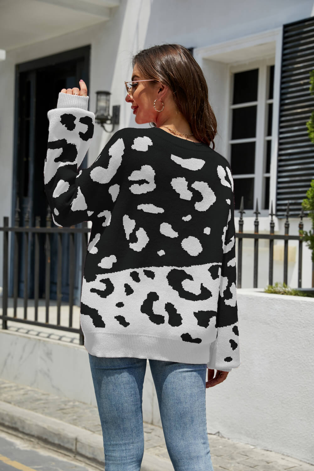 Leopard Ribbed Trim Dropped Shoulder Sweater  Shirts & Tops- Doll Fits