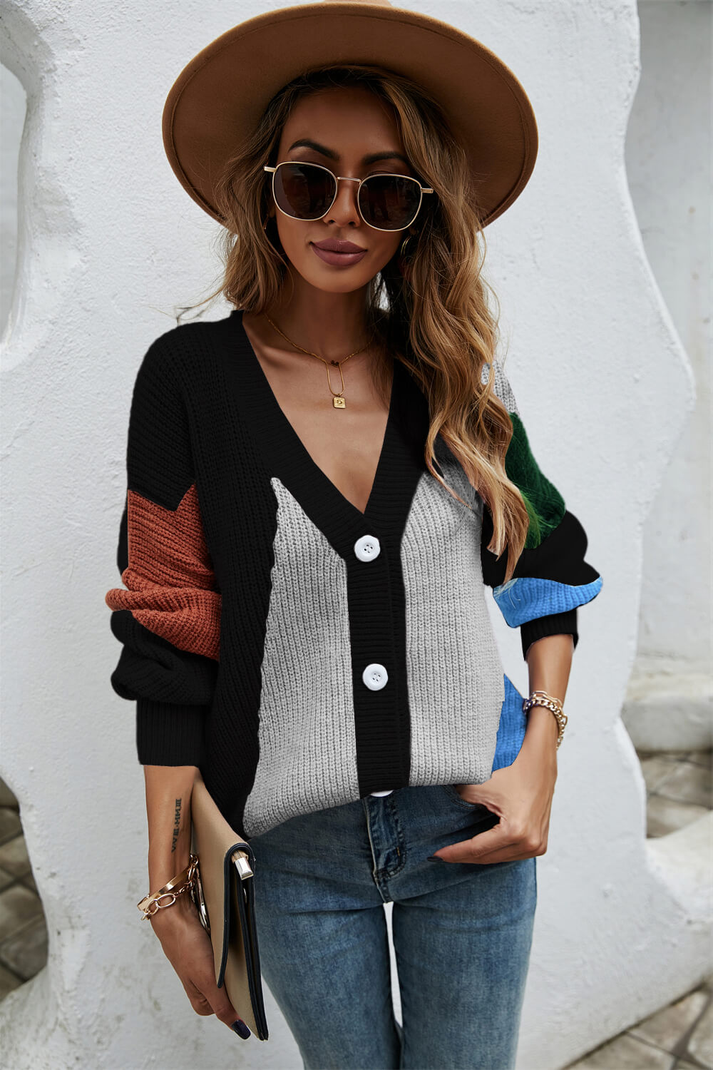 Contrast Button Front V-Neck Cardigan  Shirts & Tops- Doll Fits