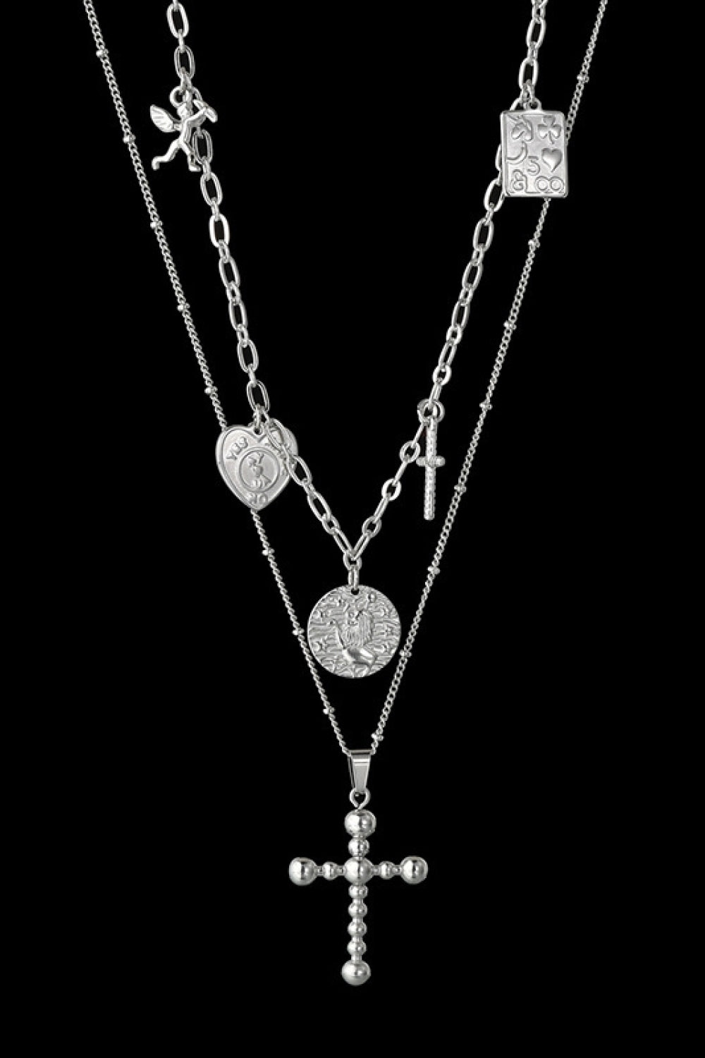 Stainless Steel Antique Coins & Cross Necklace  Necklaces- Doll Fits