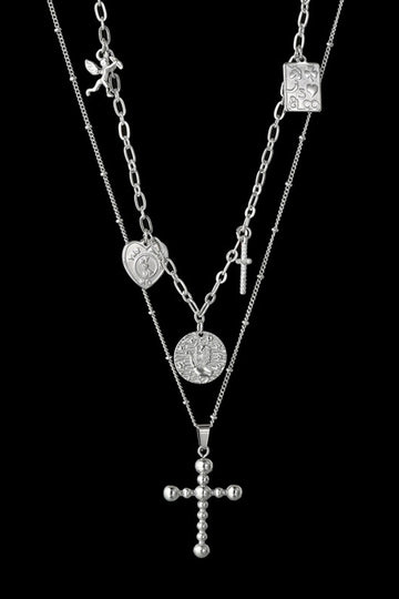 Stainless Steel Antique Coins & Cross Necklace  Necklaces- Doll Fits