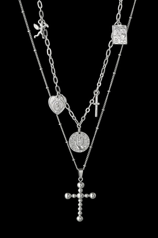 Stainless Steel Antique Coins & Cross Necklace  Necklaces- Doll Fits