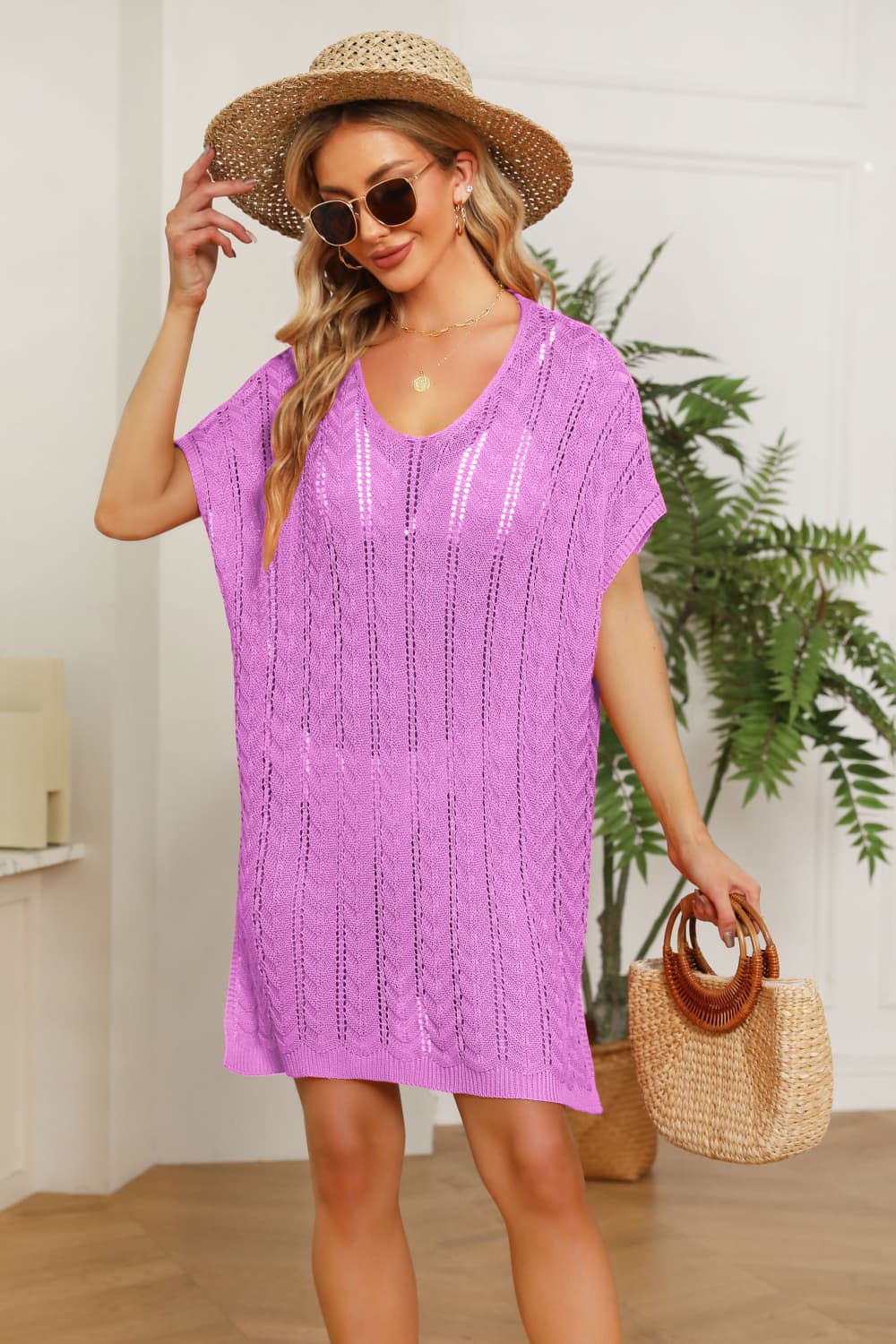 Openwork Side Slit Knit Dress  Dresses- Doll Fits