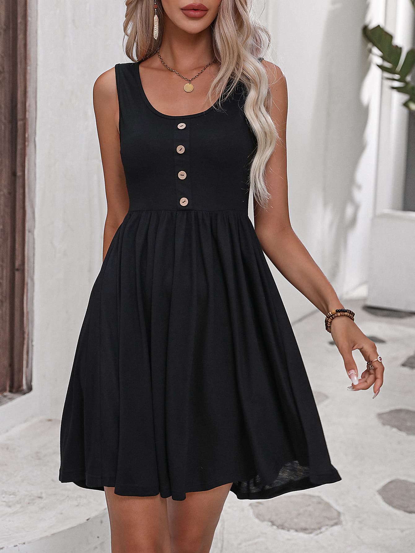 Scoop Neck Buttoned Sleeveless Dress  Dresses- Doll Fits