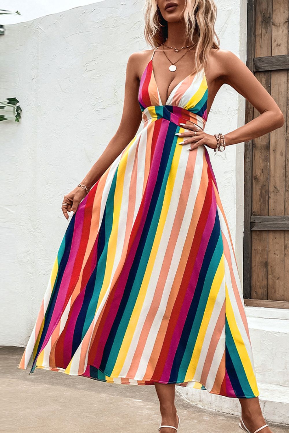 Multicolored Stripe Crisscross Backless Dress  Dresses- Doll Fits