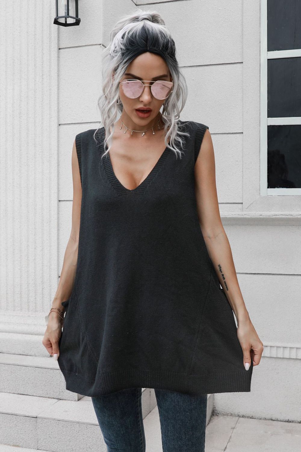 V-Neck Sleeveless Sweater Vest with Pocket  - Doll Fits