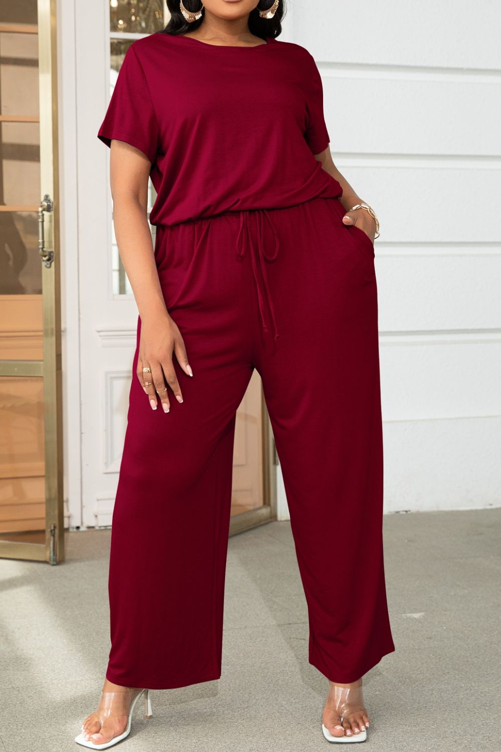 Plus Size Drawstring Waist Short Sleeve Jumpsuit  Jumpsuits & Rompers- Doll Fits