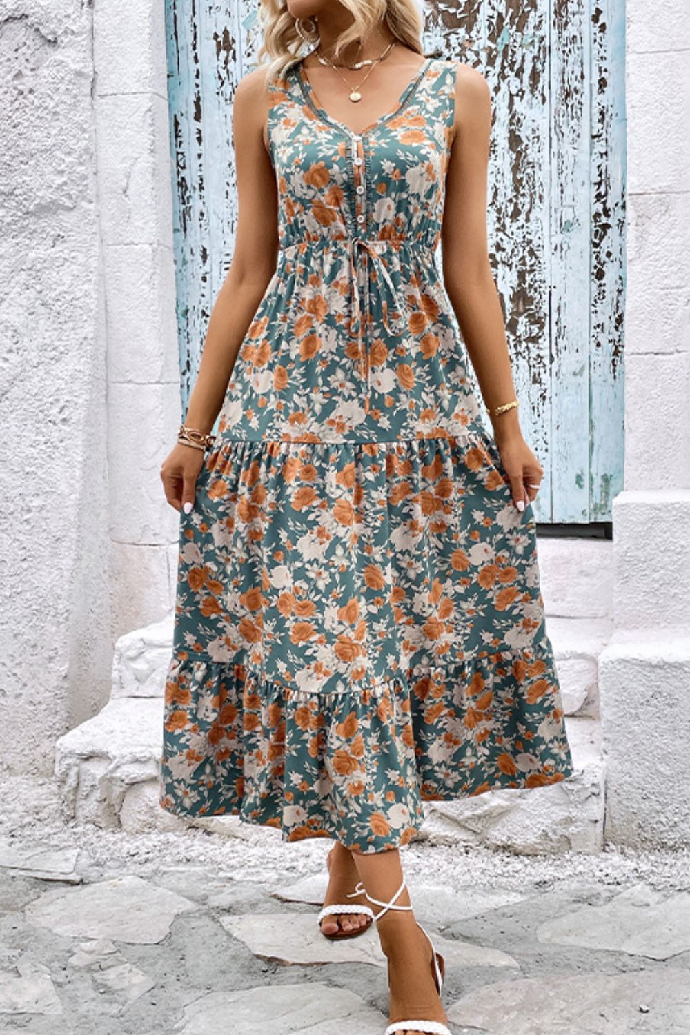 Floral V-Neck Tiered Sleeveless Dress  Dresses- Doll Fits