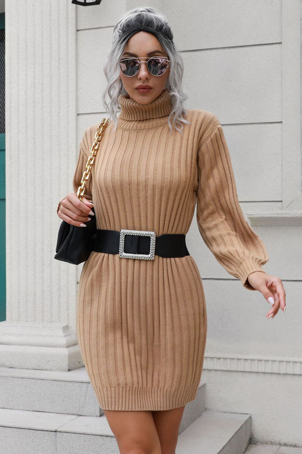 Ribbed Turtle Neck Long Sleeve Mini Sweater Dress  Dresses- Doll Fits