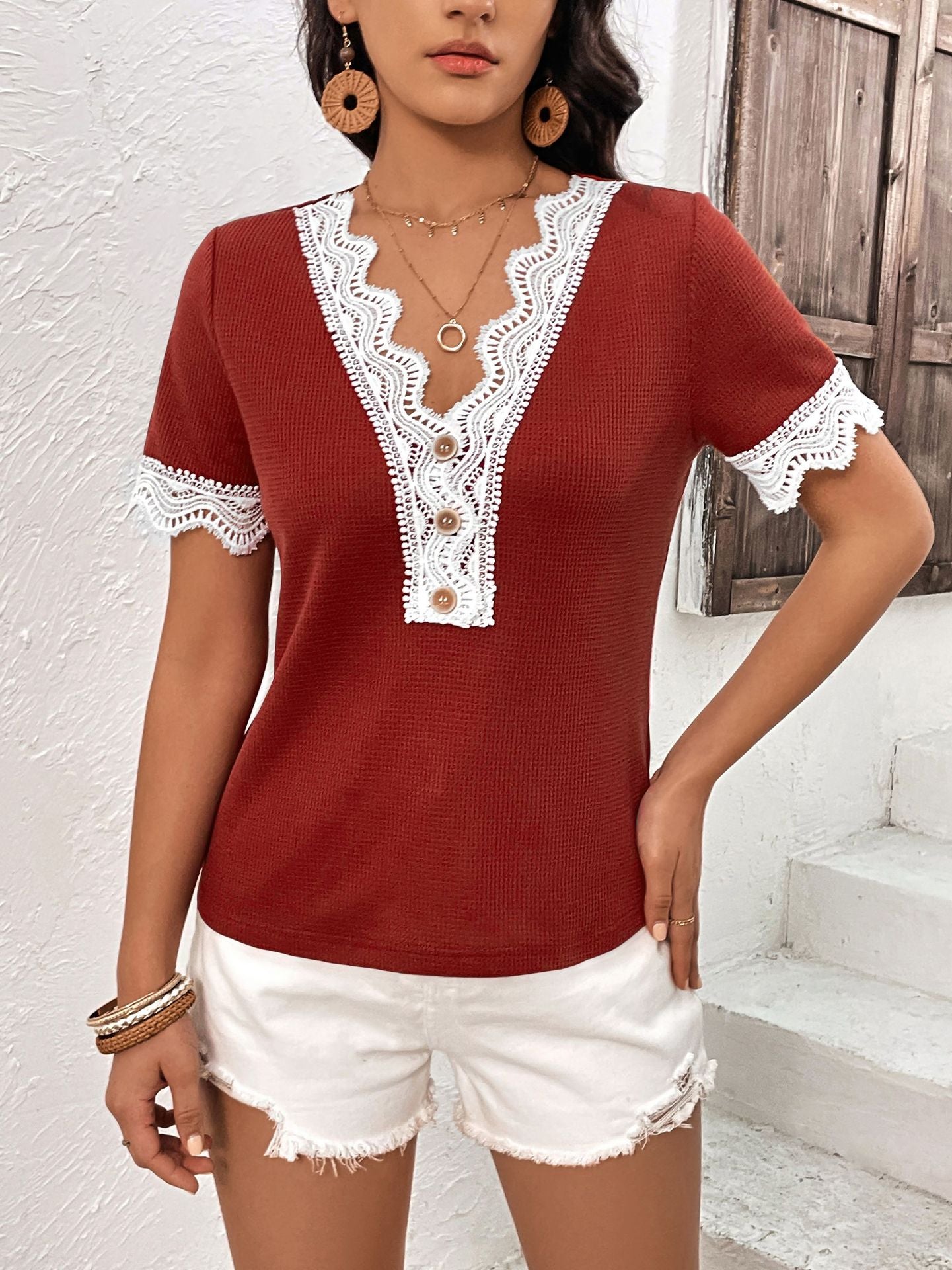 Decorative Button Spliced Lace Short Sleeve Top  Shirts & Tops- Doll Fits