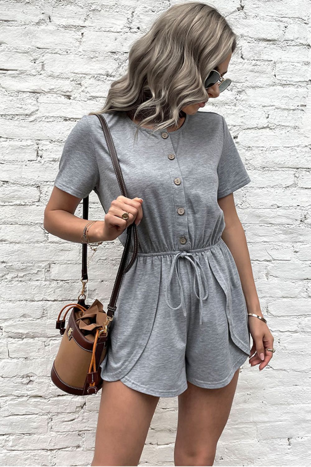 Buttoned Drawstring Round Neck Romper  Jumpsuits & Rompers- Doll Fits