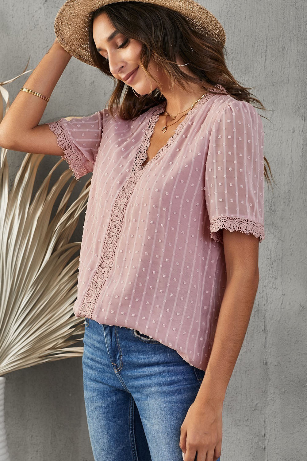 Swiss Dot Lace Trim Plunge Blouse  Shirts & Tops- Doll Fits