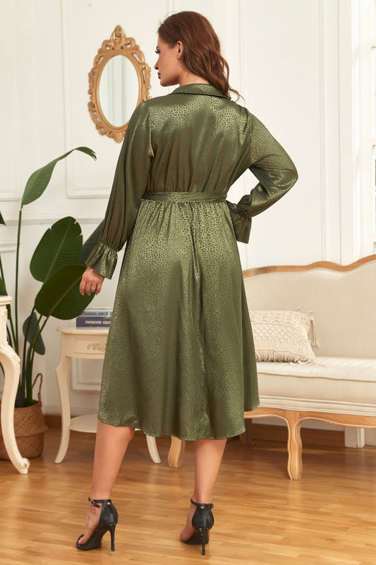 Melo Apparel Plus Size Surplice Neck Tie Belt Flounce Sleeve Midi Dress  Dresses- Doll Fits