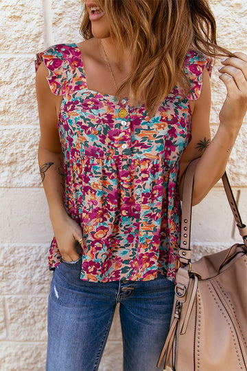 Floral Buttoned Square Neck Ruffled Tank  Shirts & Tops- Doll Fits