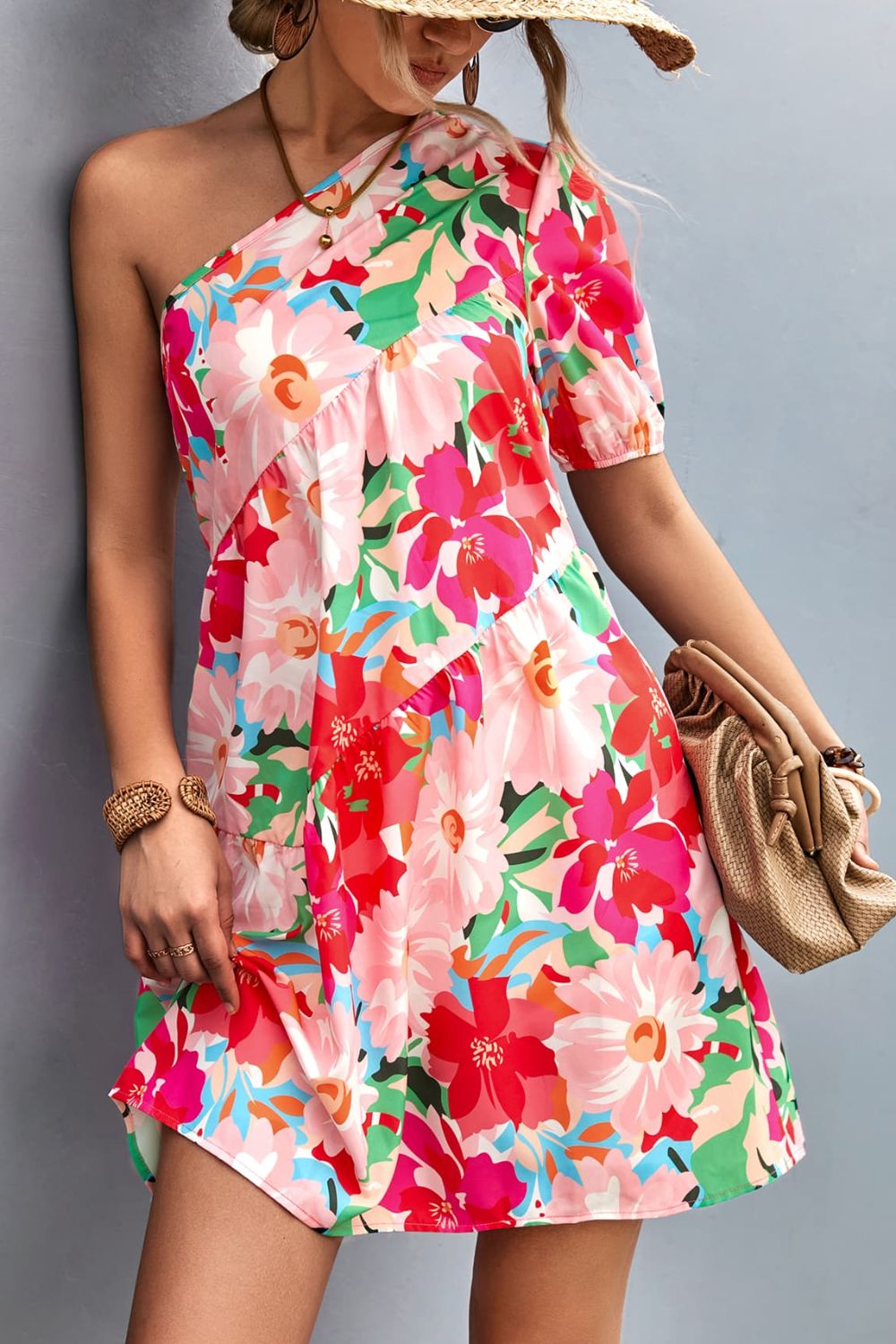 Floral One-Shoulder Puff Sleeve Dress  Dresses- Doll Fits