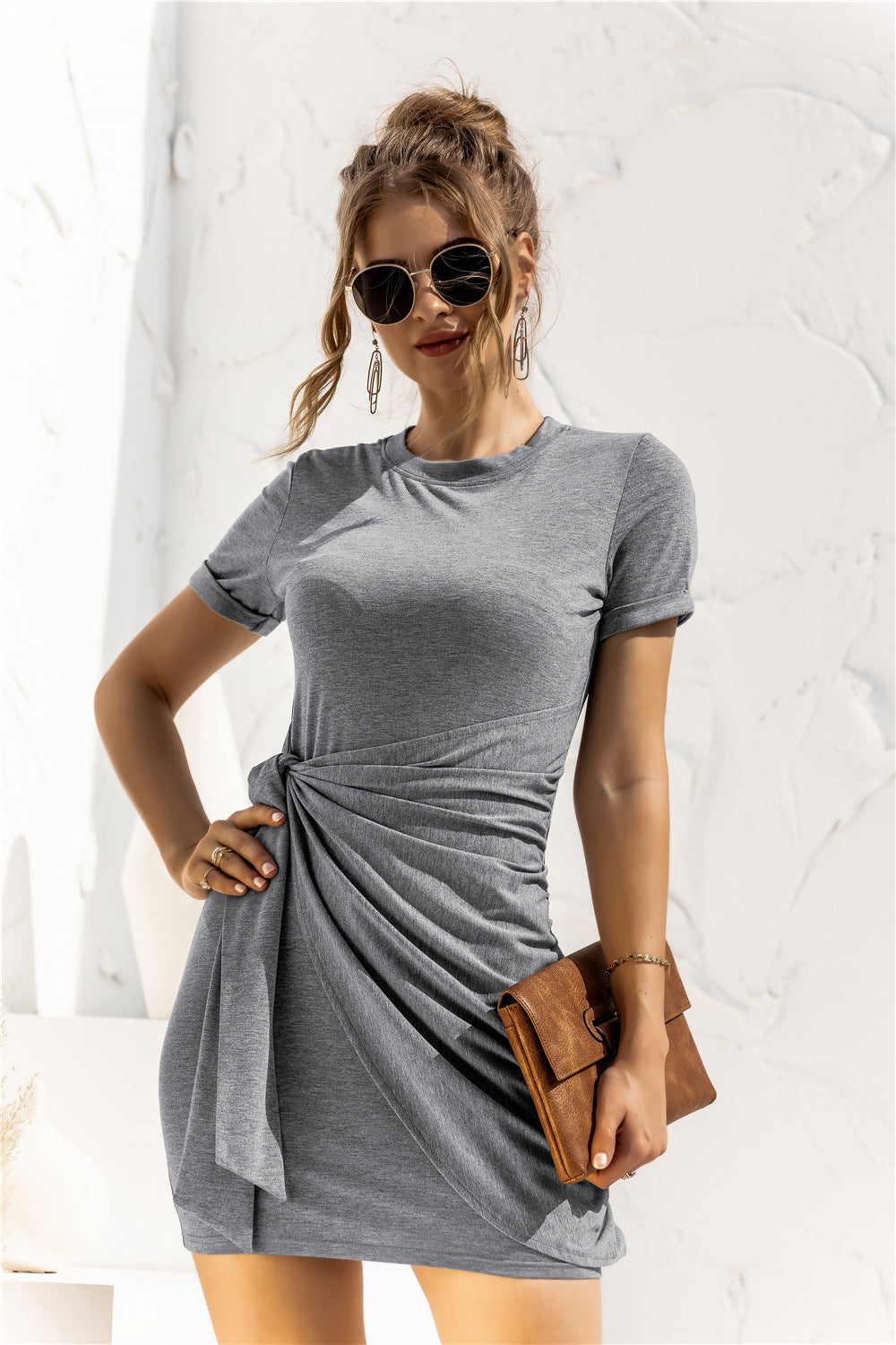 Round Neck Cuffed Sleeve Side Tie Dress  Dresses- Doll Fits
