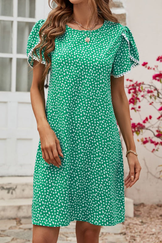 Floral Pom Pom Detail Petal Sleeve Dress  Dresses- Doll Fits