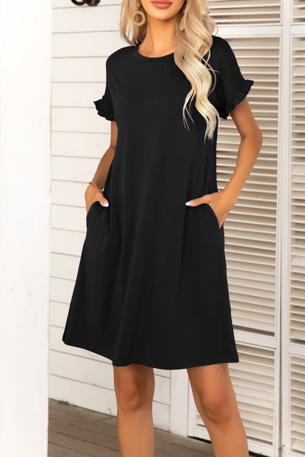 Flounce Sleeve Round Neck Dress with Pockets  Dresses- Doll Fits