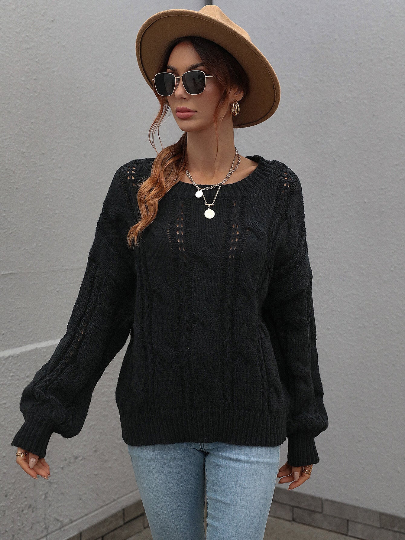 Cable-Knit Openwork Round Neck Sweater  Shirts & Tops- Doll Fits
