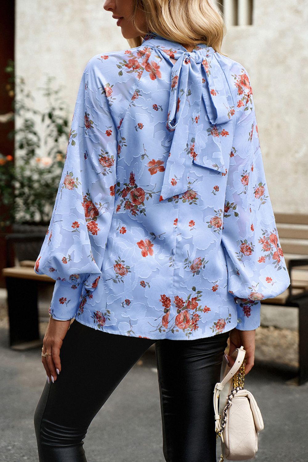 Floral Print Mock Neck Lantern Sleeve Blouse  - Doll Fits