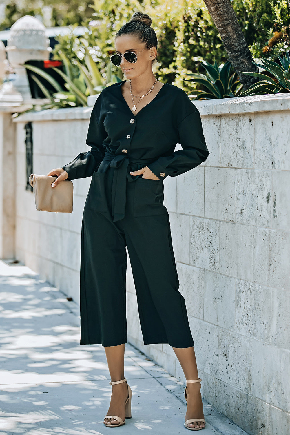 Belted Button Front Cropped Jumpsuit  Jumpsuits & Rompers- Doll Fits