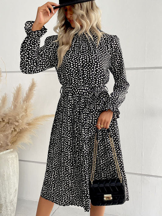 Printed Tie-Waist Flounce Sleeve Keyhole Midi Dress  Dresses- Doll Fits