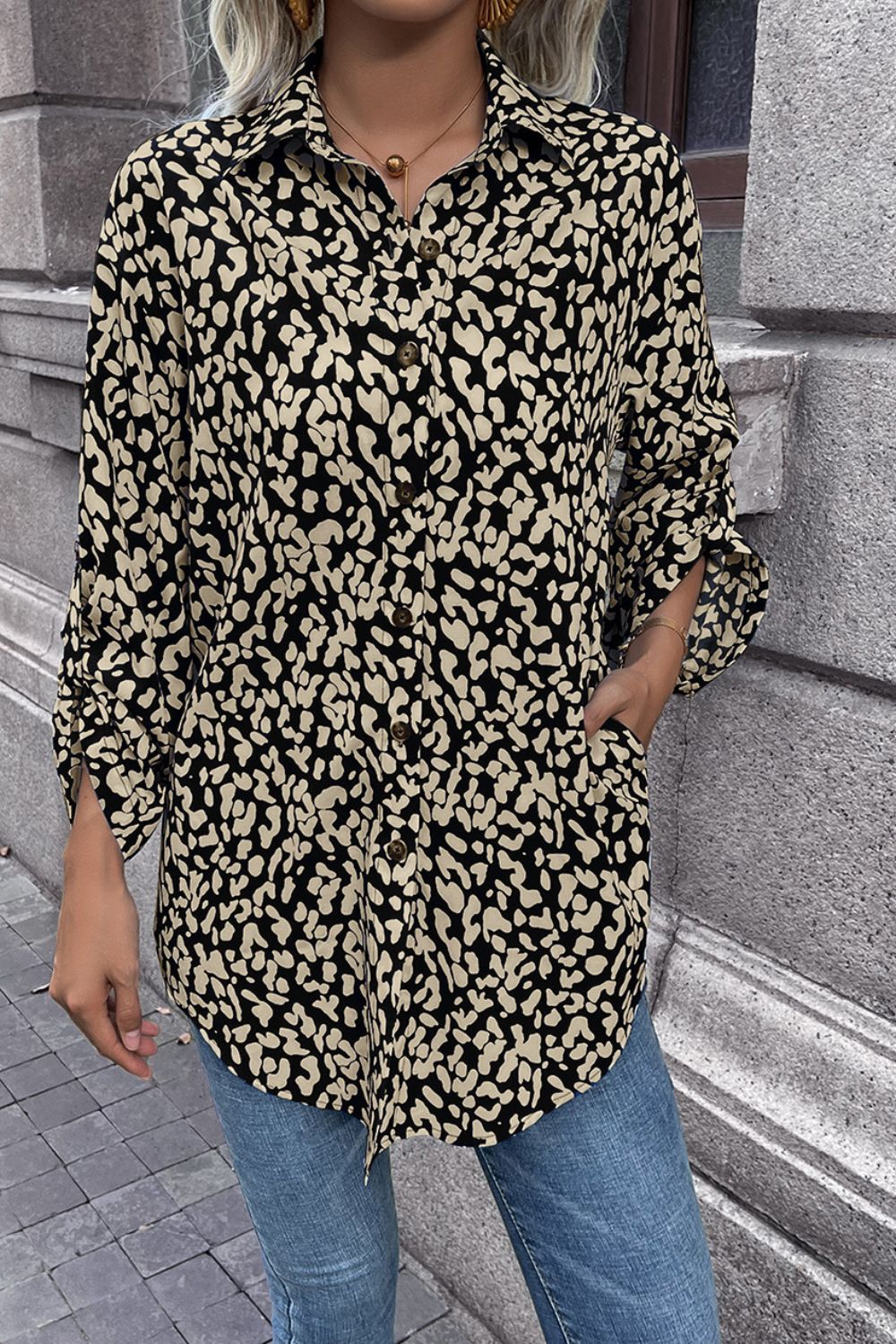 Double Take Leopard Roll-Tap Sleeve Shirt  - Doll Fits
