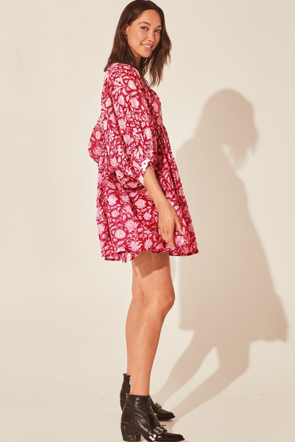 Floral Tie Neck Lantern Sleeve Dress  Dresses- Doll Fits