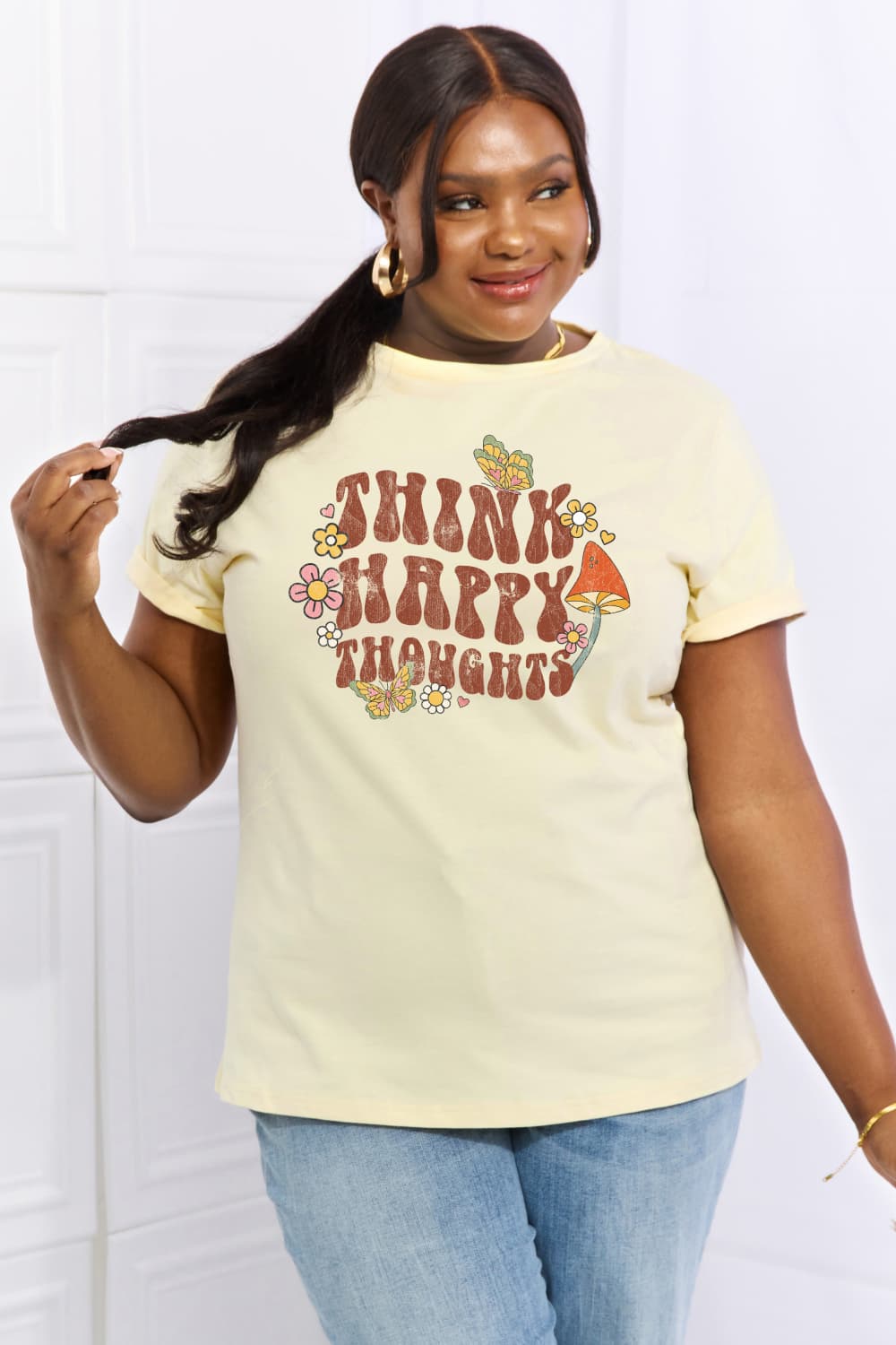 Simply Love Full Size THINK HAPPY THOUGHTS Graphic Cotton Tee  - Doll Fits