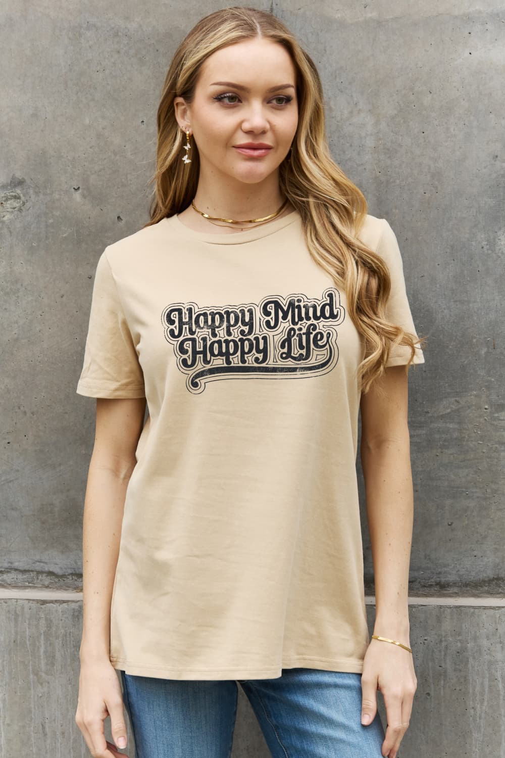 Simply Love Full Size HAPPY MIND HAPPY LIFE Graphic Cotton Tee  - Doll Fits