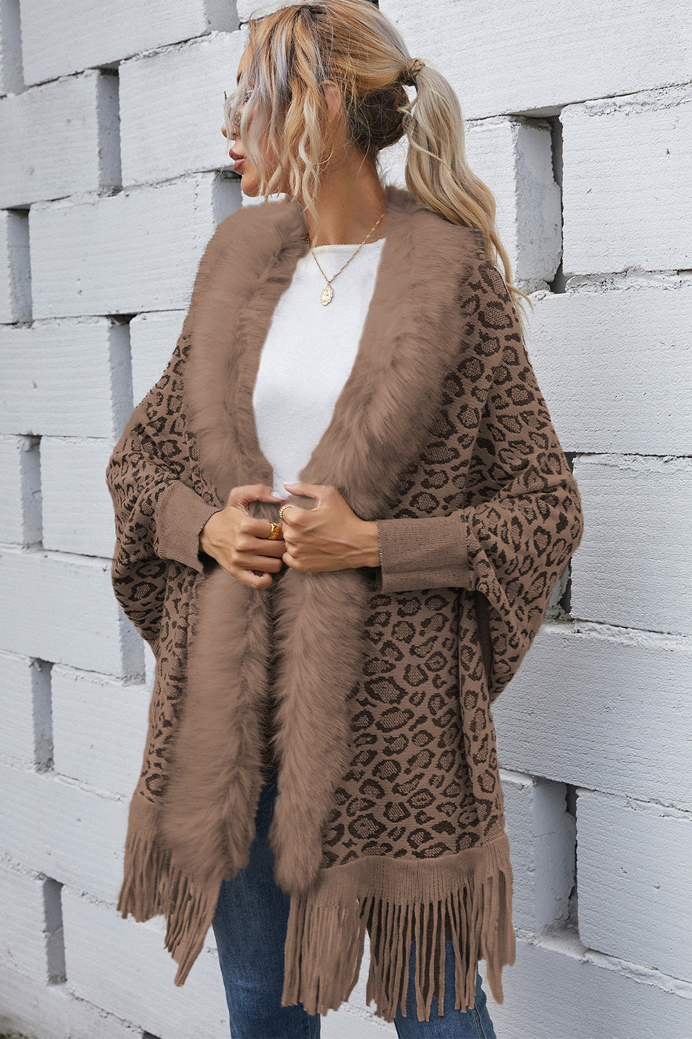 Leopard Fringe Detail Poncho  - Doll Fits