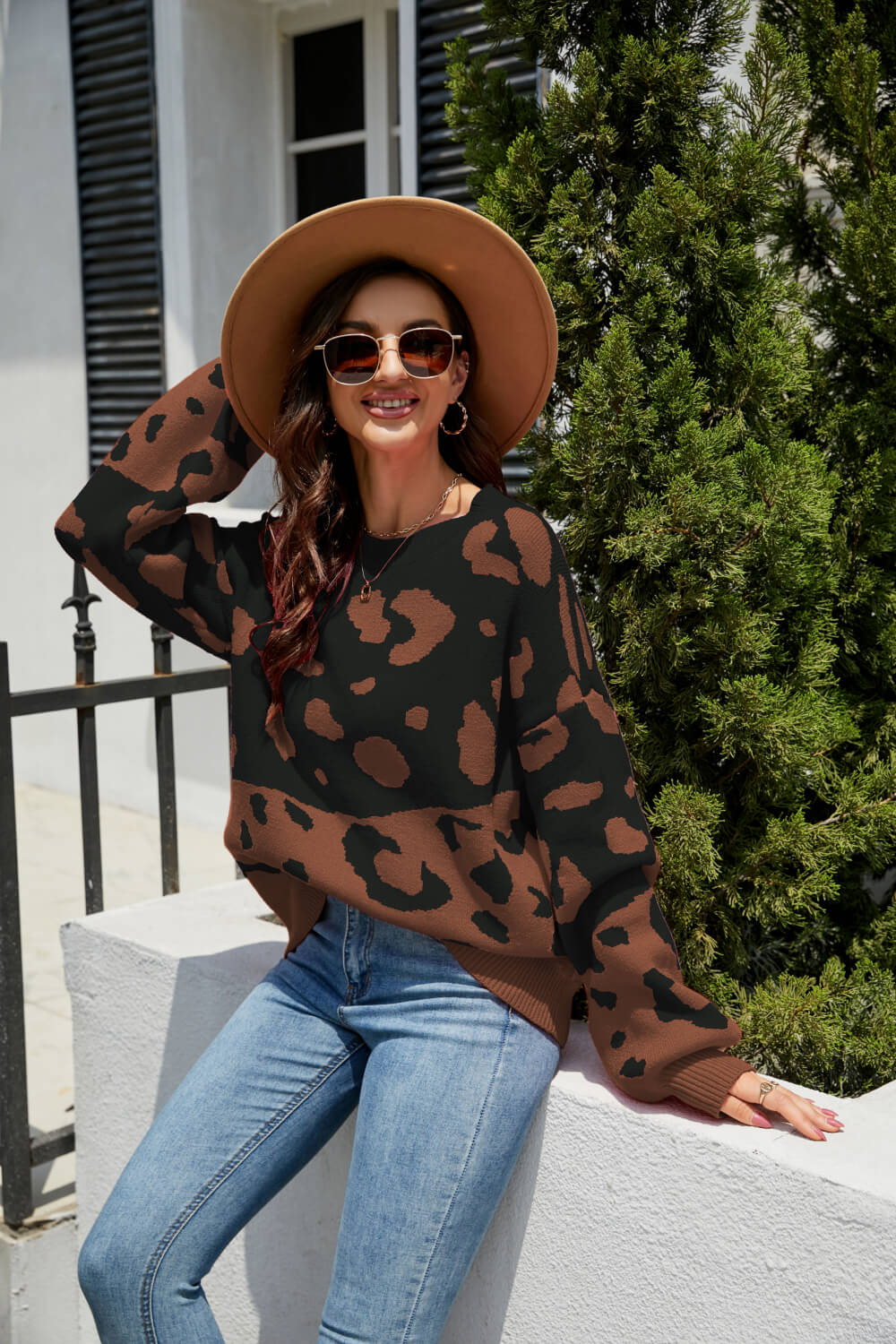 Leopard Ribbed Trim Dropped Shoulder Sweater  Shirts & Tops- Doll Fits
