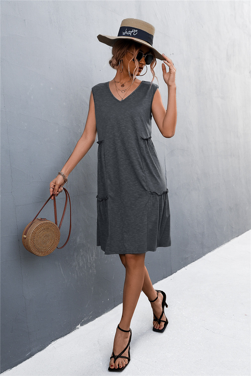 V-Neck Frill Trim Sleeveless Dress  Dresses- Doll Fits
